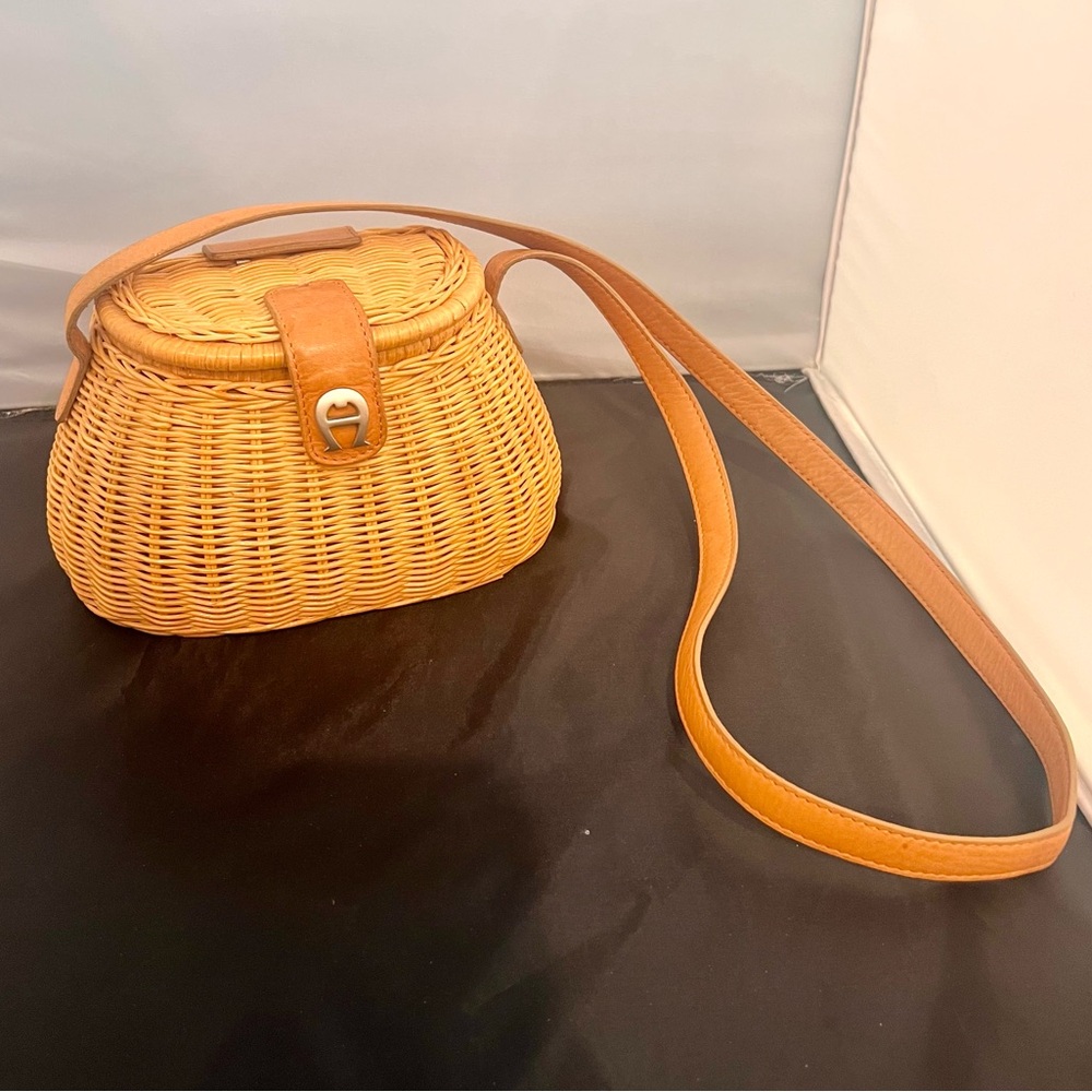 Etienne Aigner Leather Trim Natural Woven Rattan Creel Purse with Leather Trim